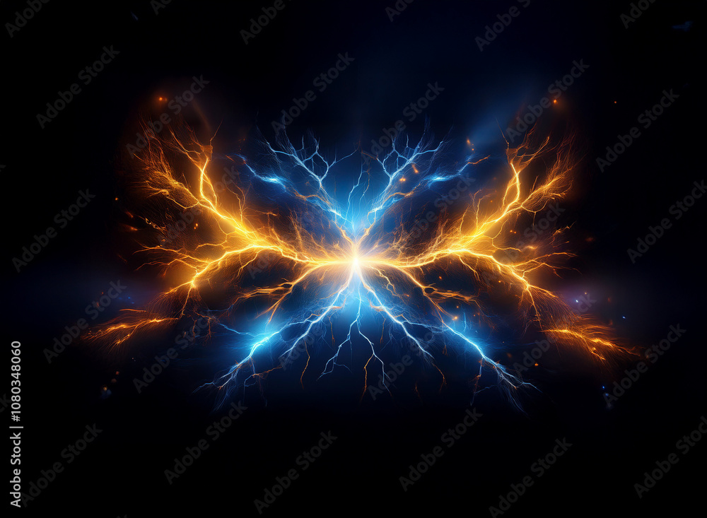 A symmetrical design of swirling blue and orange lightning branches, resembling the wings of a butterfly, against a dark background. A symmetrical design of swirling blue and orange lightning branches, resembling the wings of a butterfly, against a dark background.