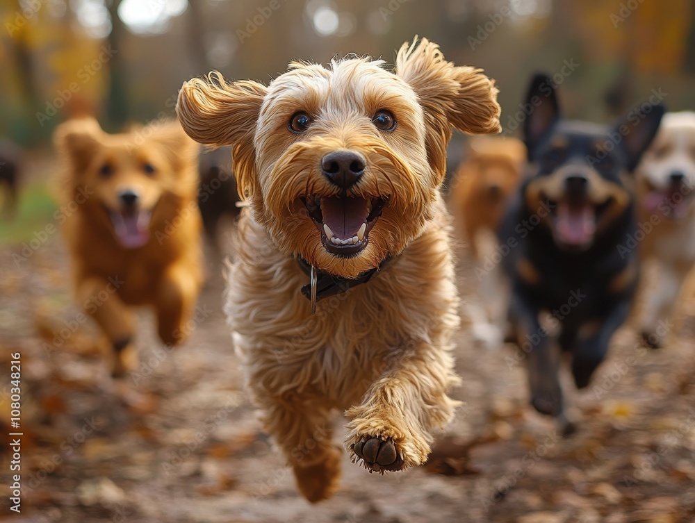 Joyful dogs in motion, lively pack racing through a vibrant dog park, embodying freedom and companionship in a playful atmosphere Joyful dogs in motion, lively pack racing through a vibrant dog park, embodying freedom and companionship in a playful atmosphere