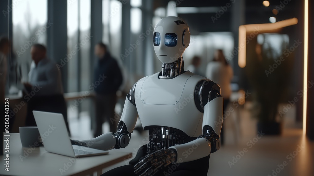 Humanoid Robot at Office Workspace Humanoid Robot at Office Workspace