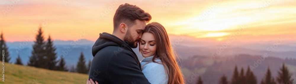 Romantic Couple Embracing at Sunset with Stunning Mountain View, A Cherished Moment of Happiness and Love Romantic Couple Embracing at Sunset with Stunning Mountain View, A Cherished Moment of Happiness and Love