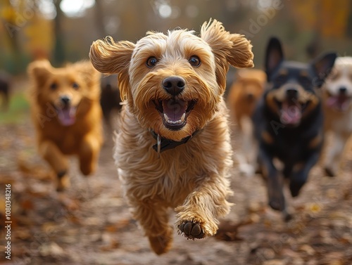 Joyful dogs in motion, lively pack racing through a vibrant dog park, embodying freedom and companionship in a playful atmosphere photo