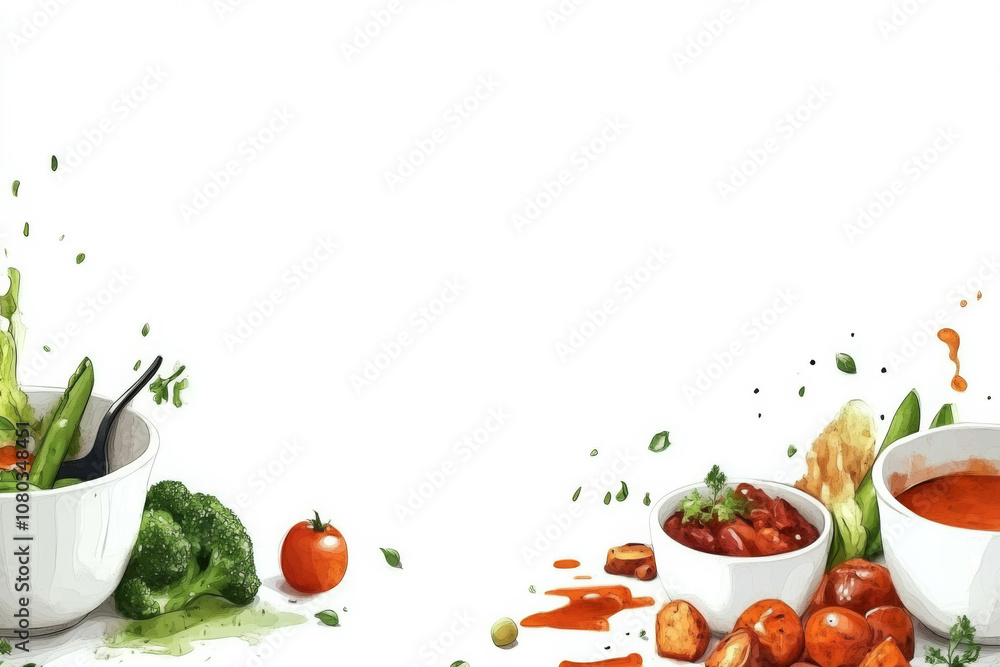 Fresh salad and soup bowls filled with vegetables on a clean white background. Fresh salad and soup bowls filled with vegetables on a clean white background.
