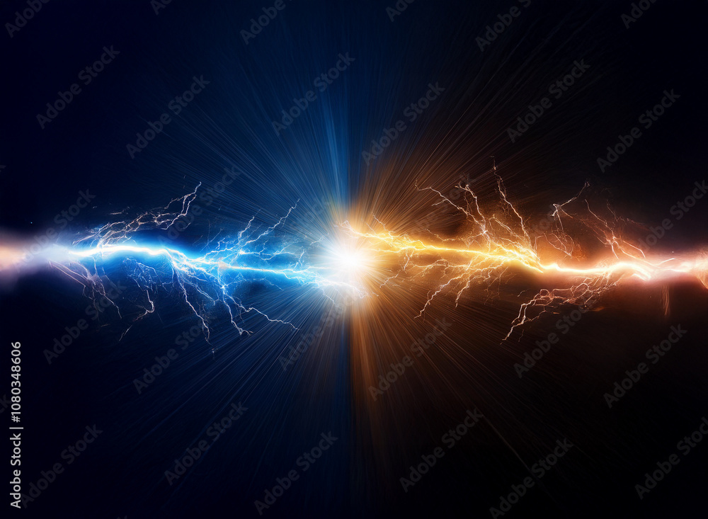 Two contrasting streams of energy collide, creating a bright flash of light in the center. Two contrasting streams of energy collide, creating a bright flash of light in the center.