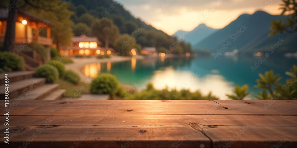 Naklejka premium Wooden table, blurred river lake background