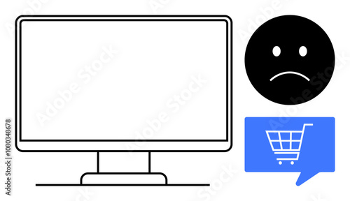 Computer monitor alongside sad face emotion and blue shopping cart in chat bubble. Ideal for customer dissatisfaction, technical issues, online shopping problems, user experience, ecommerce feedback