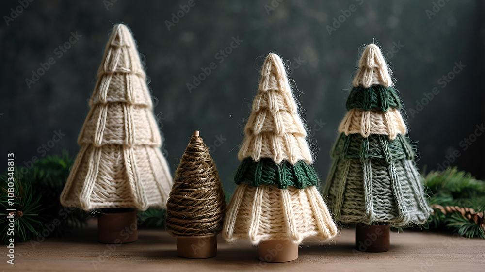 A Christmas card. Knitted Christmas trees on the table. Knitting, crafts, handmade jewelry. An alternative idea. A Christmas card. Knitted Christmas trees on the table. Knitting, crafts, handmade jewelry. An alternative idea.