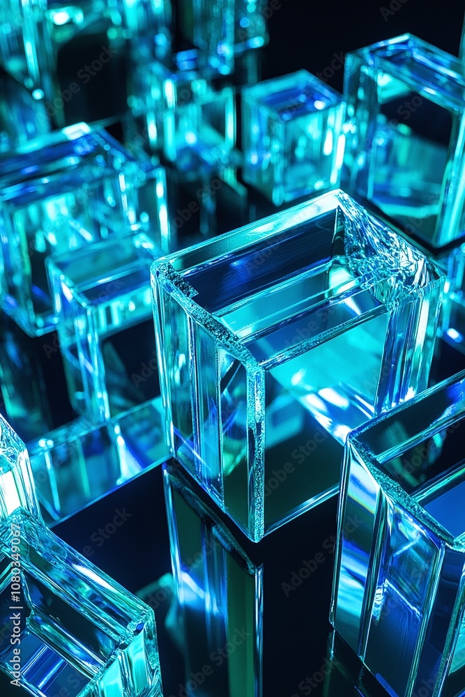 Abstract Composition of Transparent Cubes with Blue Neon Lighting Reflecting on a Dark Surface Creating a Futuristic Visual Experience Abstract Composition of Transparent Cubes with Blue Neon Lighting Reflecting on a Dark Surface Creating a Futuristic Visual Experience