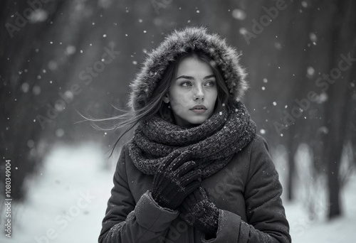 Winter Wonderland: Woman in Scarf and Coat Enjoying Snowy Forest Trees and Christmas in the Park