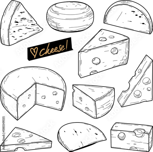 Various types of cheese sliced in pieces. Hand drawn ink sketch. Vintage style stroke drawing. Set of dairy products, Edam, parmesan, mozzarella cheese. Vector illustration collection
