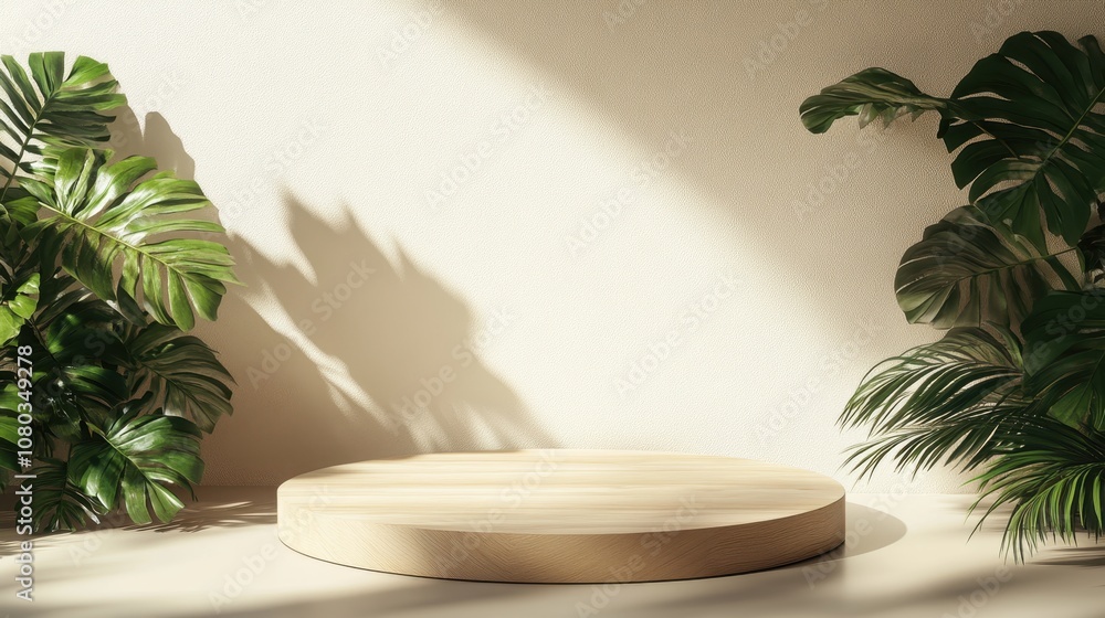 Minimal Wooden Platform with Leaves Minimal Wooden Platform with Leaves