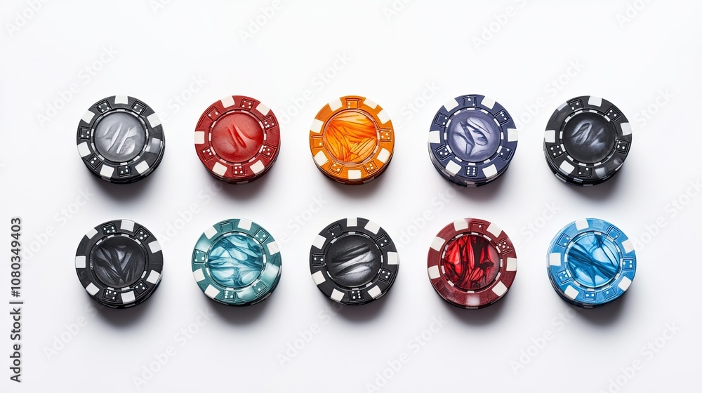 Colorful Casino Chips on White Background - High-Quality Image of Round Poker Tokens Perfect for Gambling and Game Related Themes Colorful Casino Chips on White Background - High-Quality Image of Round Poker Tokens Perfect for Gambling and Game Related Themes