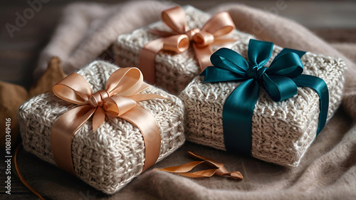 Gift knitted boxes with satin bows and fir branches with Christmas toys. A cozy concept for Christmas and winter holidays in 2025. We prepare gifts for our loved ones.