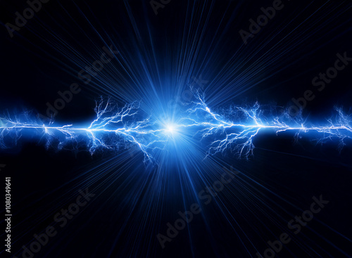 A bright, blue lightning bolt explodes from the center of the image against a black background.