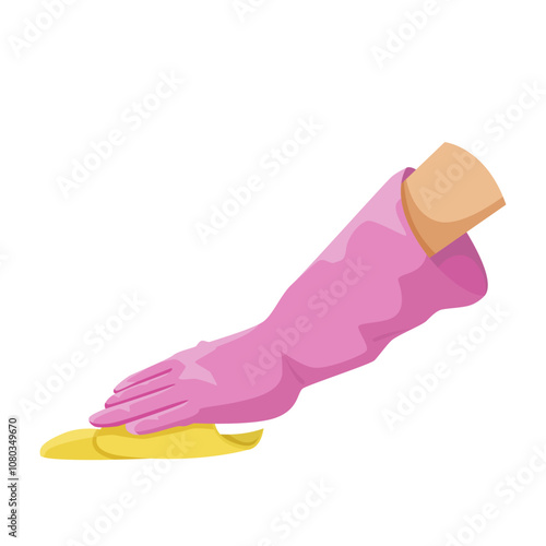 A hand wearing a pink glove is cleaning with a yellow cloth. Vector illustration