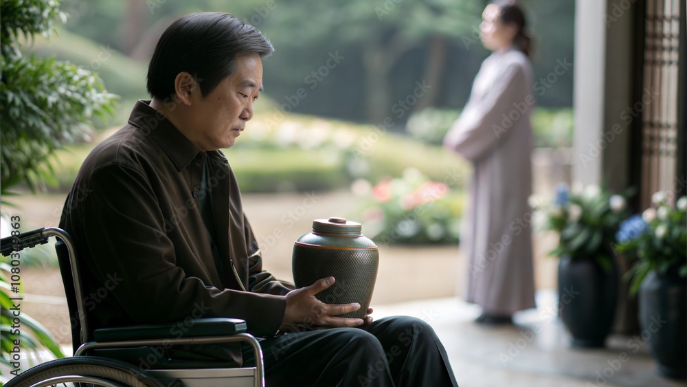 Elderly Asian man in wheelchair grieving over a funeral urn in his warm summer garden at dusk Elderly Asian man in wheelchair grieving over a funeral urn in his warm summer garden at dusk