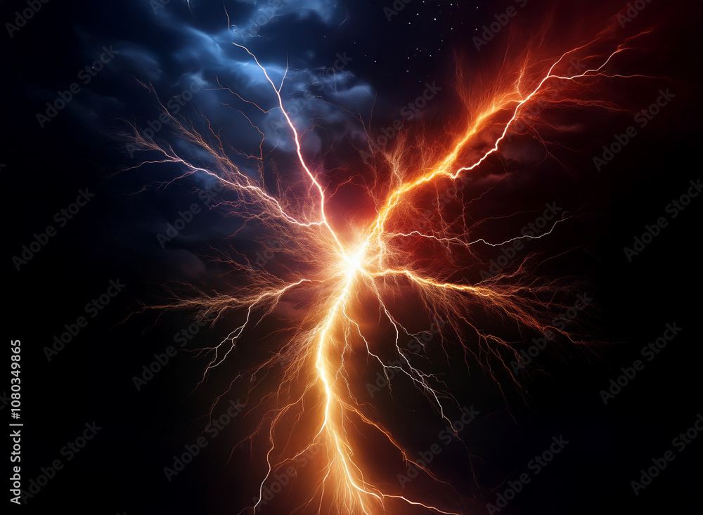 A red and blue lightning bolt strike against a dark night sky with stars visible in the distance. A red and blue lightning bolt strike against a dark night sky with stars visible in the distance.