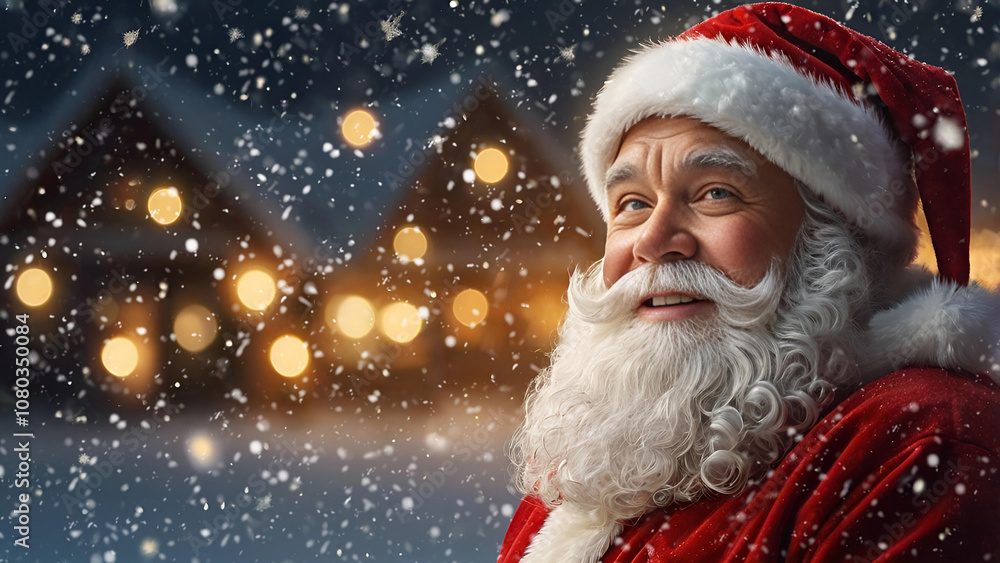 Portrait of a cute Santa Claus in close-up, outdoors at the North Pole. It is snowing, adding fabulousness and magic. Portrait of a cute Santa Claus in close-up, outdoors at the North Pole. It is snowing, adding fabulousness and magic.