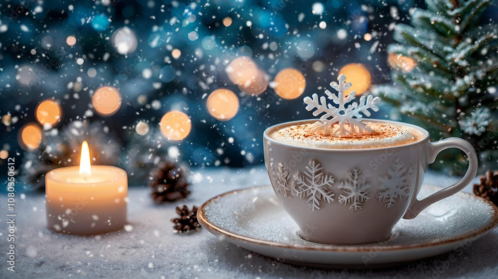 A mug with snowflakes with hot cocoa or coffee on the table. The drink is steaming. A cozy photo in soft, warm white and blue tones. The concept of harmony and comfort of Christmas and winter. A mug with snowflakes with hot cocoa or coffee on the table. The drink is steaming. A cozy photo in soft, warm white and blue tones. The concept of harmony and comfort of Christmas and winter.