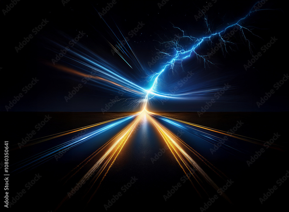A bright blue lightning bolt strikes down onto a long, dark road illuminated by bright streaks of light. A bright blue lightning bolt strikes down onto a long, dark road illuminated by bright streaks of light.