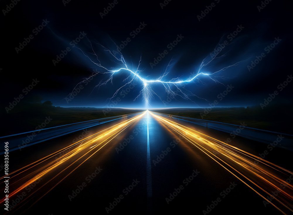 A highway stretches into the distance, illuminated by a bright blue lightning bolt. The road is lined with streaks of light, suggesting fast movement. A highway stretches into the distance, illuminated by a bright blue lightning bolt. The road is lined with streaks of light, suggesting fast movement.