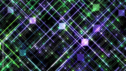 Abstract Background of Neon Green, Blue, and White Lines and Squares