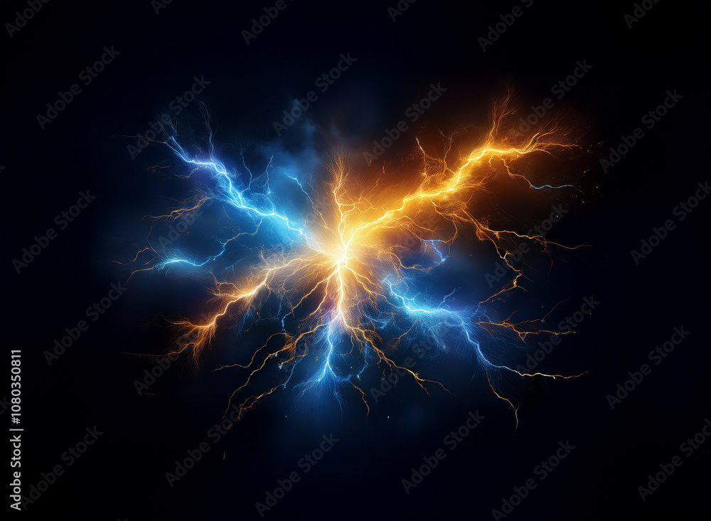 Two electric bolts of lightning clash and intersect in the middle of a black background. One bolt is blue and the other is orange. Two electric bolts of lightning clash and intersect in the middle of a black background. One bolt is blue and the other is orange.