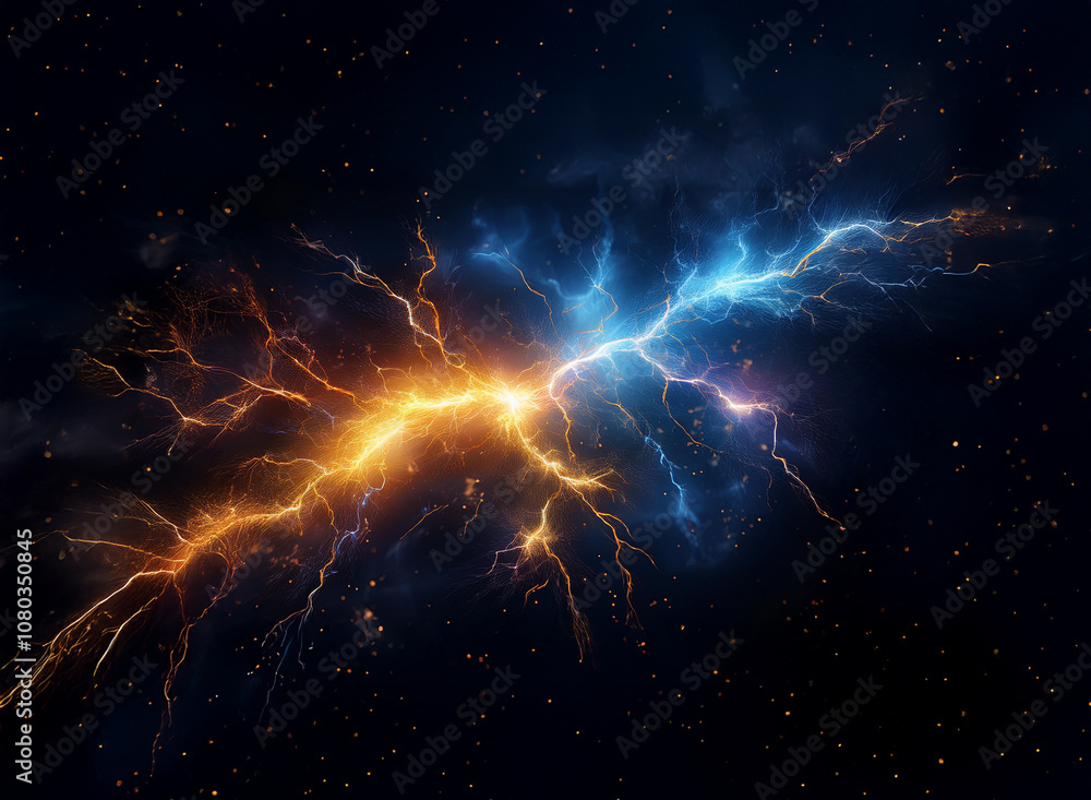 Two contrasting streams of energy collide in a cosmic dance, their bright hues cutting through the dark expanse. Two contrasting streams of energy collide in a cosmic dance, their bright hues cutting through the dark expanse.