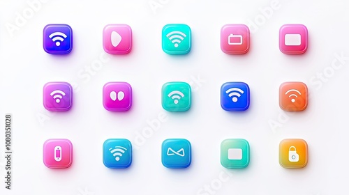 Colorful Set of Modern Digital Icons Featuring Wireless Connectivity, Multimedia Controls, and Security Symbols for Technology and Design Projects