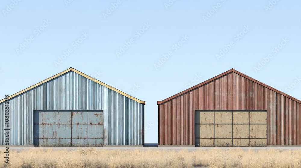 Two rustic metal buildings side by side in a barren landscape. Two rustic metal buildings side by side in a barren landscape.