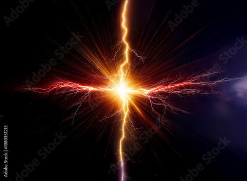 A bright flash of light, with electrical currents shooting out in opposing directions against a dark background.