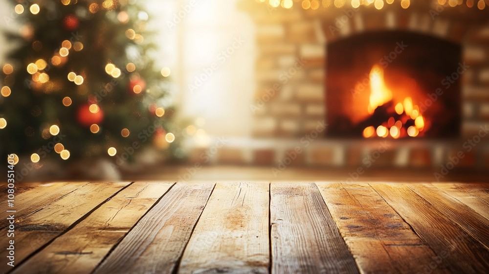 Wooden table with Christmas tree in the background. New Year background. Wooden table with Christmas tree in the background. New Year background.