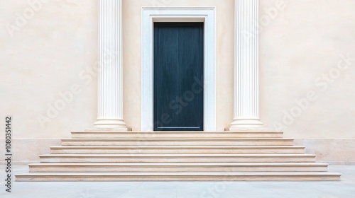 A minimalist entrance featuring a dark door framed by elegant columns and smooth steps, perfect for architectural designs.