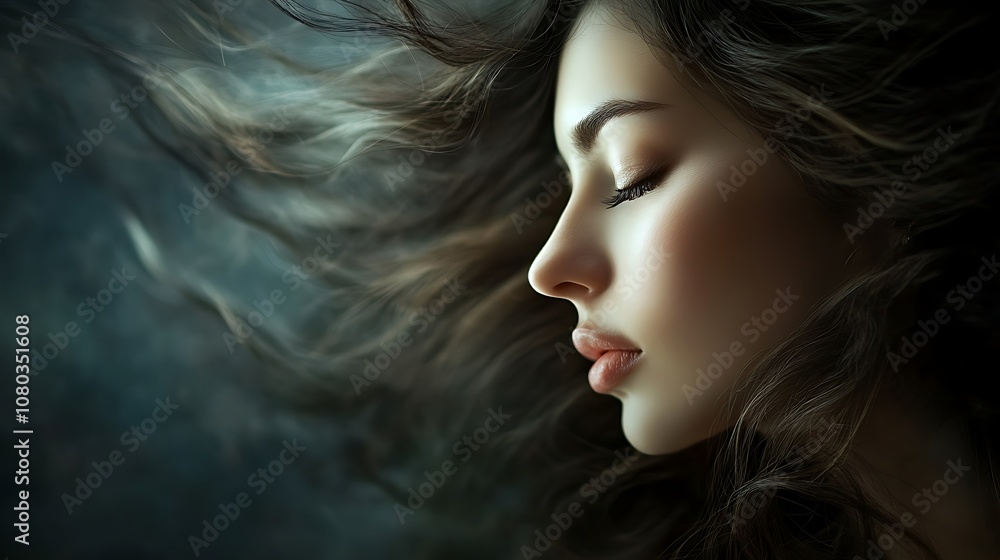 A serene profile of a woman with flowing hair, evoking beauty and tranquility. A serene profile of a woman with flowing hair, evoking beauty and tranquility.