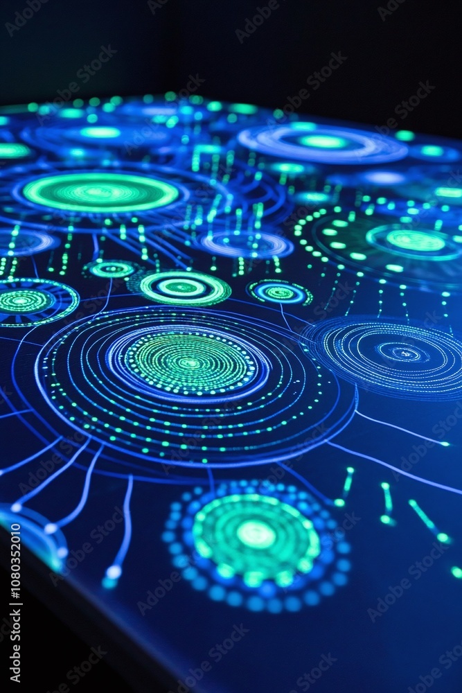 Abstract digital illustration showcasing vibrant neon circular patterns and intricate network connections against a dark background, ideal for technology and innovation themes. Abstract digital illustration showcasing vibrant neon circular patterns and intricate network connections against a dark background, ideal for technology and innovation themes.