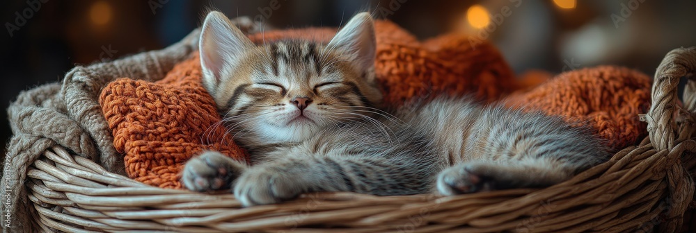 Cozy kitten nestled in a wicker basket, enveloped by soft textures and gentle light, exuding warmth and comfort Cozy kitten nestled in a wicker basket, enveloped by soft textures and gentle light, exuding warmth and comfort