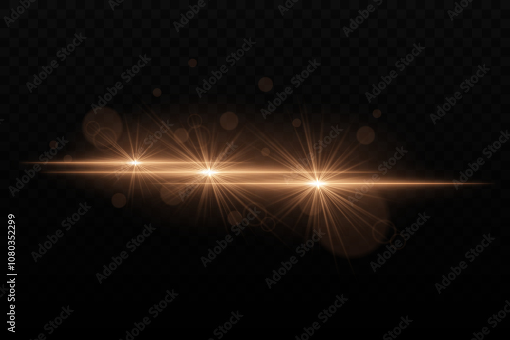 Bright golden neon light with glare and lens flare effects. Three focused light beams with radiant glow and bokeh particles on a dark background