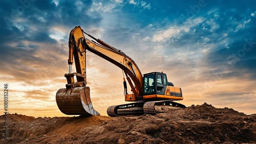 A large yellow excavator is on a dirt field