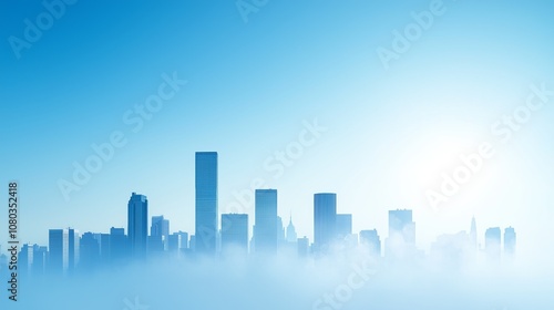 A serene skyline silhouette in soft blue hues, shrouded in mist, evoking a tranquil urban atmosphere.