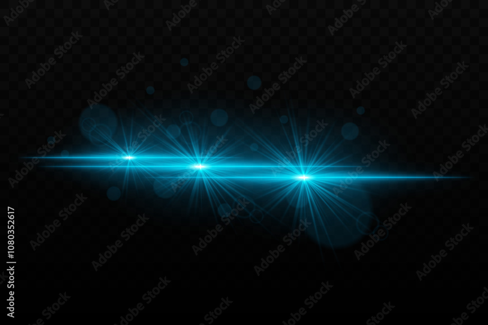 Bright blue neon light with glare and lens flare effects. Three focused light beams with radiant glow and bokeh particles on a dark background Bright blue neon light with glare and lens flare effects. Three focused light beams with radiant glow and bokeh particles on a dark background