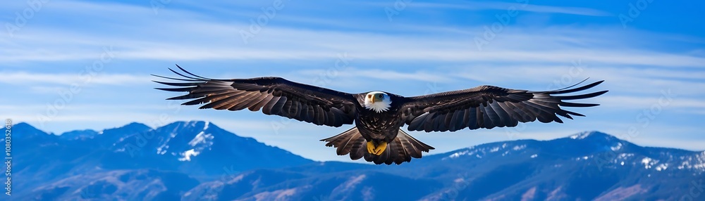 Naklejka premium Bald Eagle Soaring Above Majestic Mountains