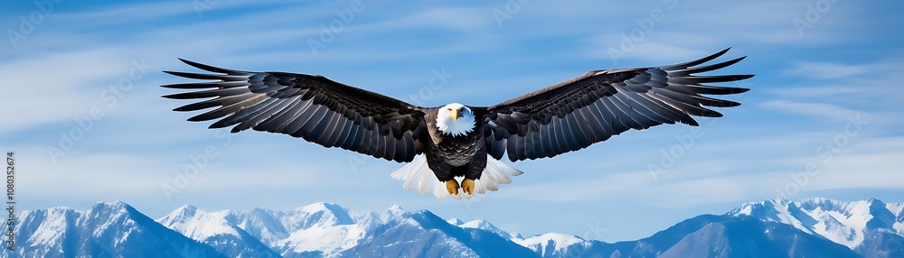 Fototapeta premium Bald Eagle Soaring Above Snowy Mountains