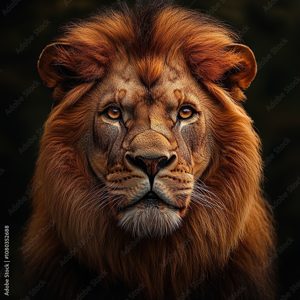 Close-up portrait of a majestic lion with a powerful gaze. Close-up portrait of a majestic lion with a powerful gaze.
