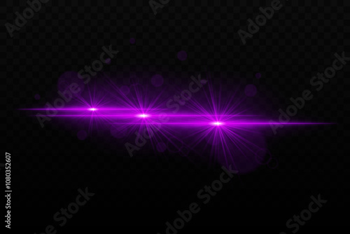 Bright purple neon light with glare and lens flare effects. Three focused light beams with radiant glow and bokeh particles on a dark background