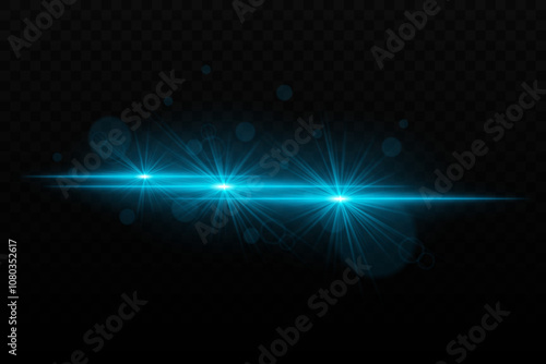 Bright blue neon light with glare and lens flare effects. Three focused light beams with radiant glow and bokeh particles on a dark background