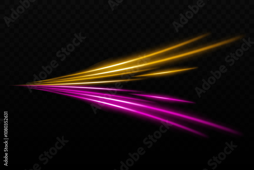 Orange and purple light glare beam. A sharp curved beam reflection. Sci-fi designs, light transitions, futuristic effects. Glowing light streaks, neon effects. Dynamic shine wallpaper background