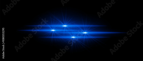Bright blue light beams with star-like bursts and radiant glow. Horizontal light streaks and glare on dark background, creating a vibrant illumination effect