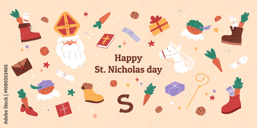 Happy St. Nicholas banner with cute characters and traditional elements. Drawing and letters in boots, carrots, gift boxes. Sinterklaas portrait, horse and piet. Vector illustration. Happy St. Nicholas banner with cute characters and traditional elements. Drawing and letters in boots, carrots, gift boxes. Sinterklaas portrait, horse and piet. Vector illustration.