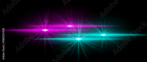Orange and blue light beams with star-like bursts and radiant glow. Horizontal streaks create intense illumination and contrasting colors on a dark background