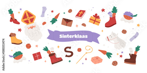 Sinterklaas banner. Saint Nicholas background. Santa portrait, cute horse, little piet, cookies and carrots in shoes, gift boxes, drawings in boots. Chocolate letter. Vector illustration.