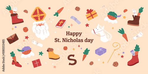 Happy St. Nicholas banner with cute characters and traditional elements. Drawing and letters in boots, carrots, gift boxes. Sinterklaas portrait, horse and piet. Vector illustration.